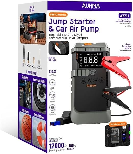 Auhma A7711 Jump Starter Hava Kompresörlü Akü Takviye Cihazı 12000MaH