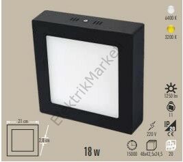 Cata CT-5236 6400K Beyaz 18W Siyah Kasa Sıva Üstü Kare Led Armatür